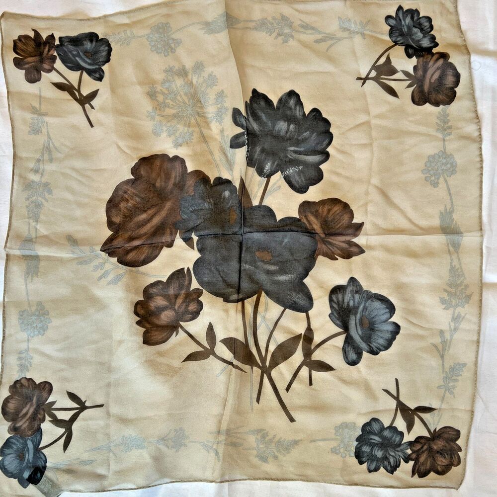 A. Brod Scarf Womens sheer beige chiffon silk blue flowers vintage 20 ins sq